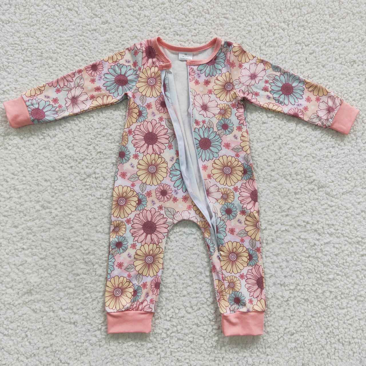 LR0301 Pink Floral Flower Zipper Girls Long Sleeve Romper