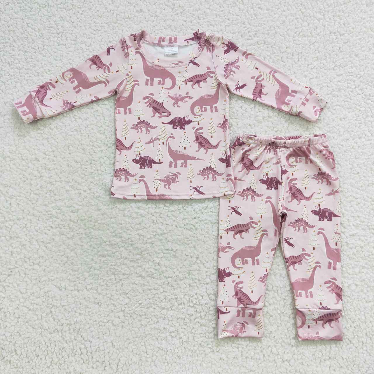 GLP0482 Pink Dinosaur Cartoon Girls Long Sleeve Pants Outfits Pajamas