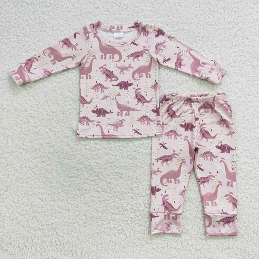 GLP0482 Pink Dinosaur Cartoon Girls Long Sleeve Pants Outfits Pajamas