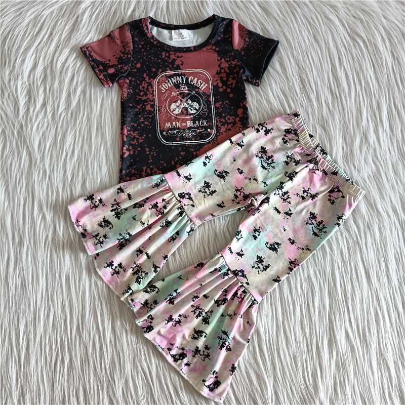 promotion RTS A1-1 johnny cash guitar boutique girls short sleeve bell bottom pants sets
