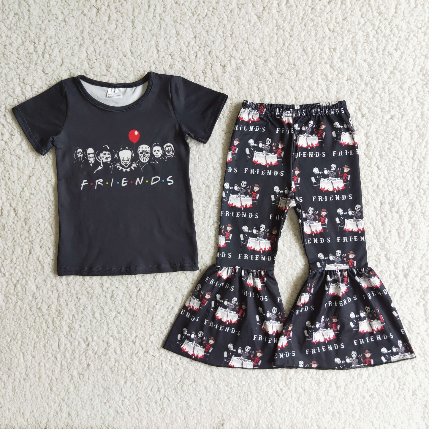 Promotion RTS A1-23 Newborn Kids Clothing Halloween Short Sleeve Cartoon Print Bell-bottom Girls Clothing