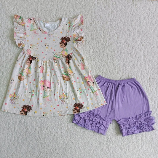 A10-9-1 Easter Boutique Cross Beige yellow ruffled sleeveless top purple shorts set boutique boy clothing sets summer outfit RTS 202501