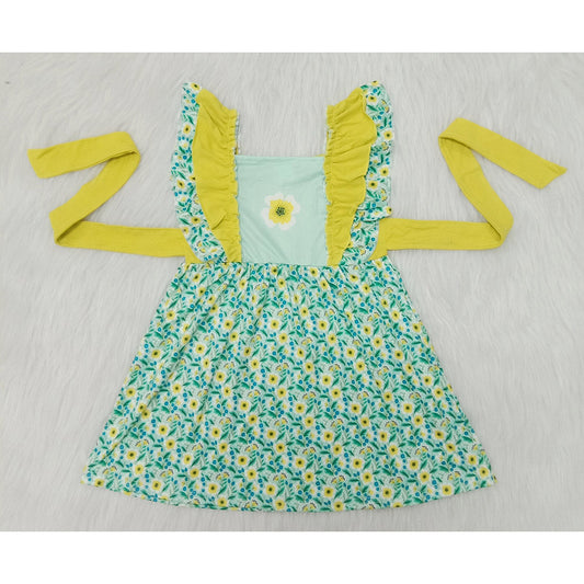 promotion A6-21 Flower Yellow Ruffle Green Flying Sleeve Dress