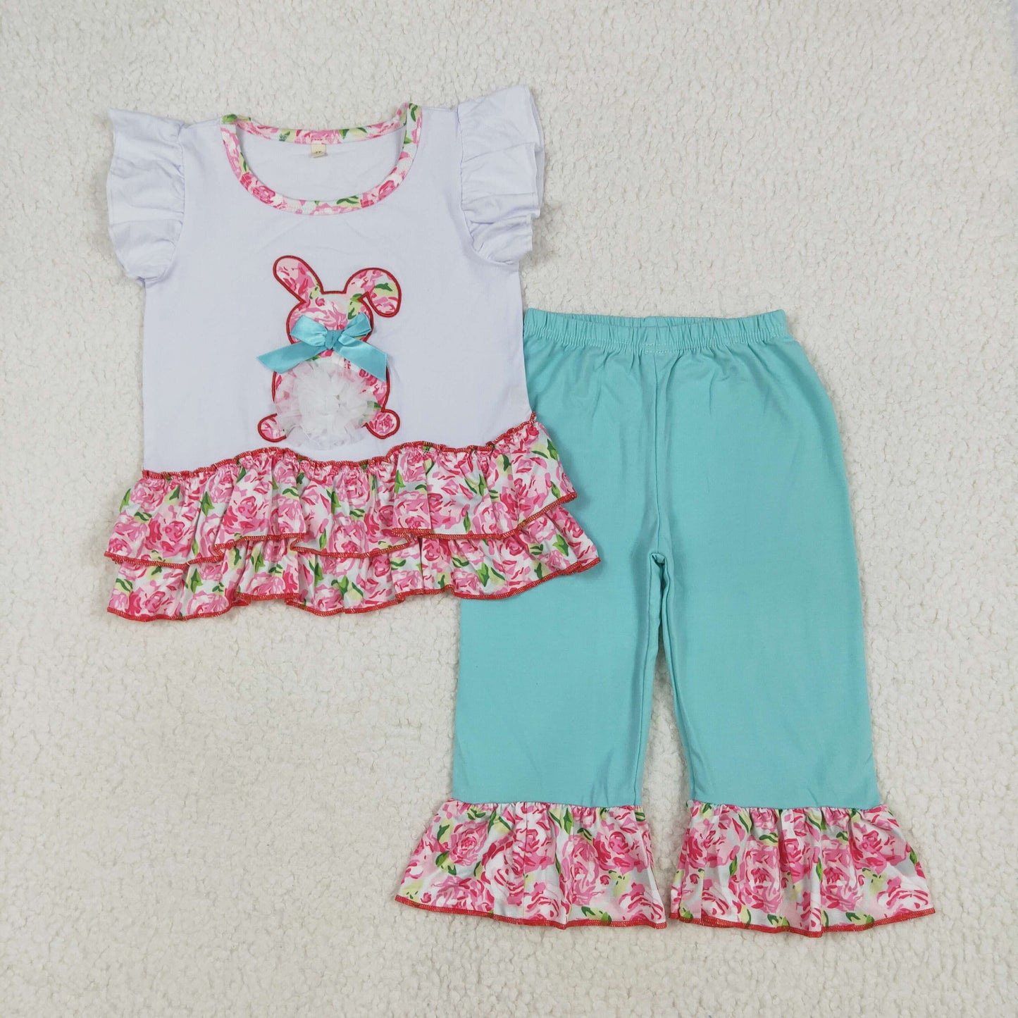 A9-1 Easter Bunny Rose Red Flower Leaf Ruffled sleeveless top pants set Girls clothing sets summer outfit RTS 202501