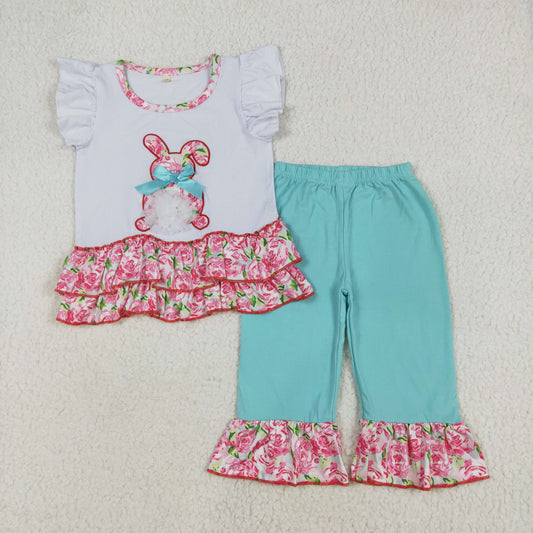 A9-1 Easter Bunny Rose Red  Flower Leaf Ruffled sleeveless top pants set Girls clothing sets summer outfit RTS 202501