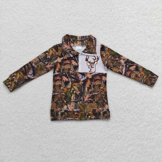 BT0331 Green Deer Camo Boys Long Sleeve Top Collar Polo Pullover T-Shirts