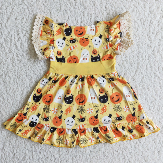promotion RTS B10-9 Halloween Orange Pumpkin Floral Lace Pockets Ruffles Girls Short Sleeve Dresses