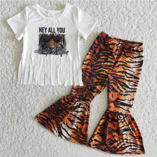 promotion RTS B12-16 Hey Letter Tiger White Short Sleeve Pants Sets Girls Boutique Outfits