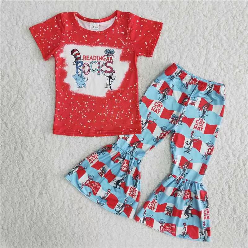 promotion RTS B16-12 Red Peace Rocks Cat Hat Girls Short Sleeve Pants Outfits