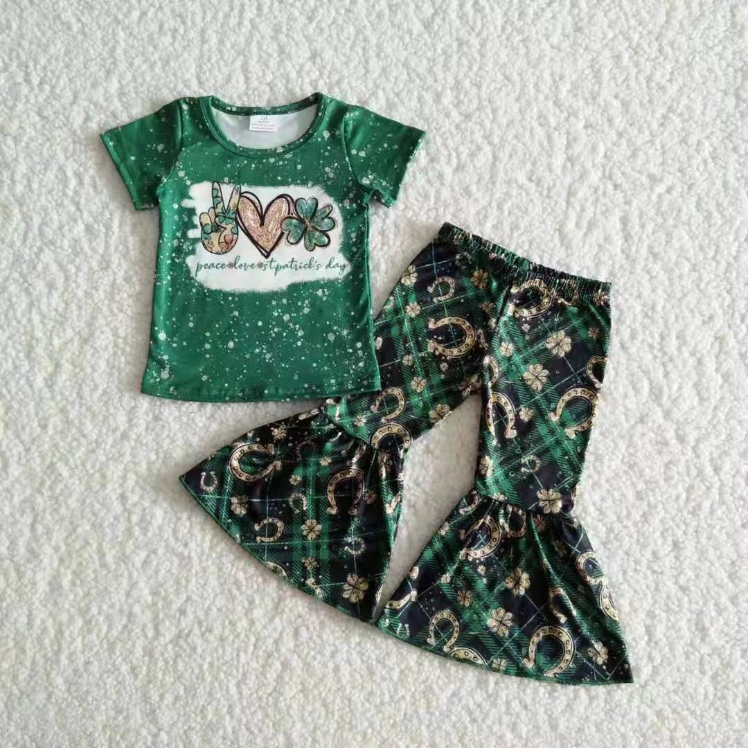 Promotion RTS B17-11 St Patrick's Day Four-Leaf Clover Green Short Sleeve Bell Bottom Pants Girls Sets