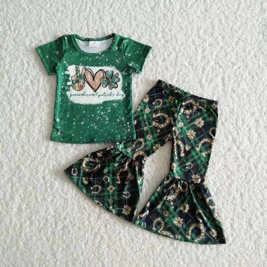 Promotion RTS B17-11 St Patrick's Day Four-Leaf Clover Green Short Sleeve Bell Bottom Pants Girls Sets