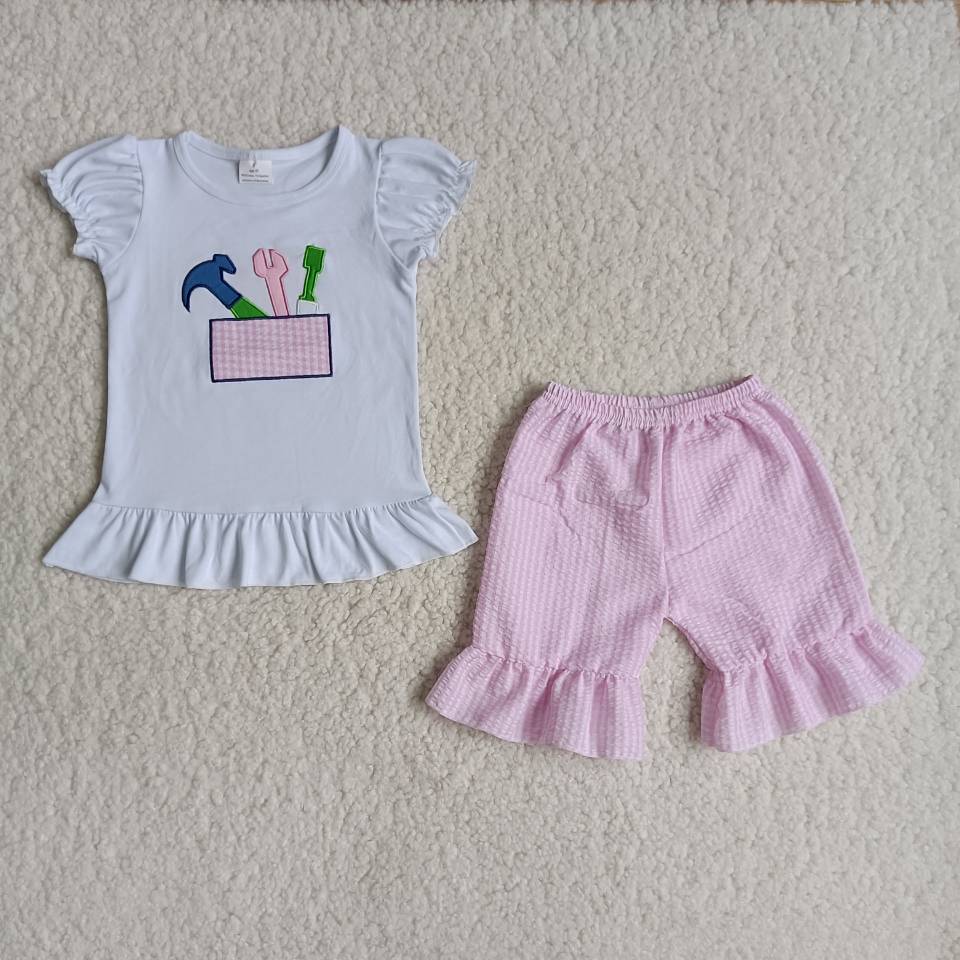 Promotion RTS B3-1 Embroidered Toolbox Pink Plaid Short Sleeve Shorts Girls Sets