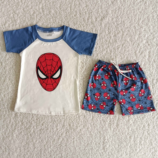 promotion RTS B3-16 Boys Boutique Outfits Spiderman Blue White Short Sleeve Top Shorts Set