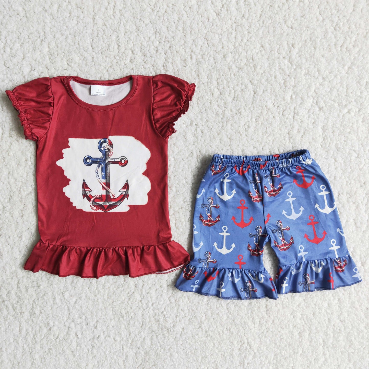 promotion RTS B3-2 4th of July Girls Boutique Outfits Red Blue Ruffle Short Sleeve Top Shorts Set