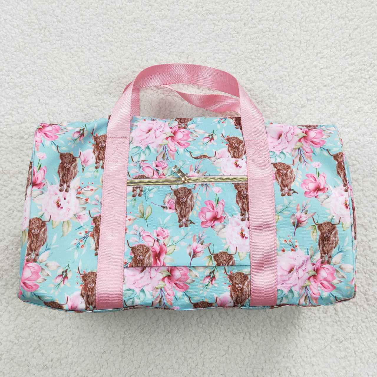 BA0084 Pink Floral Highland Cow Print Little Bag Bagpack