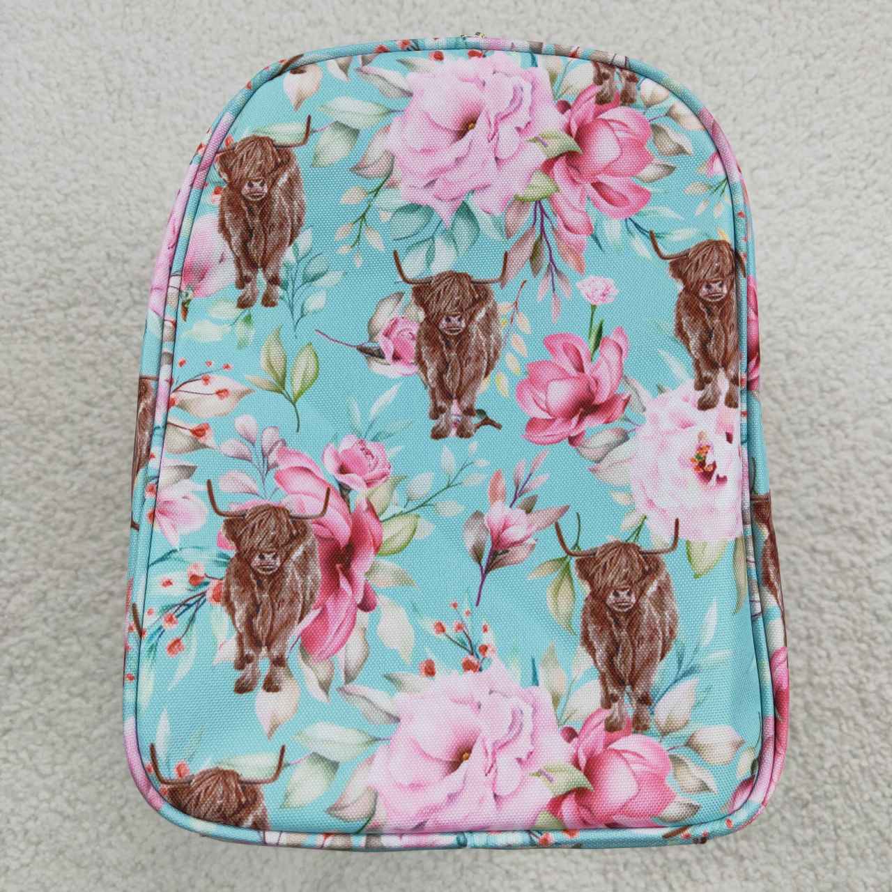 BA0084 Pink Floral Highland Cow Print Little Bag Bagpack