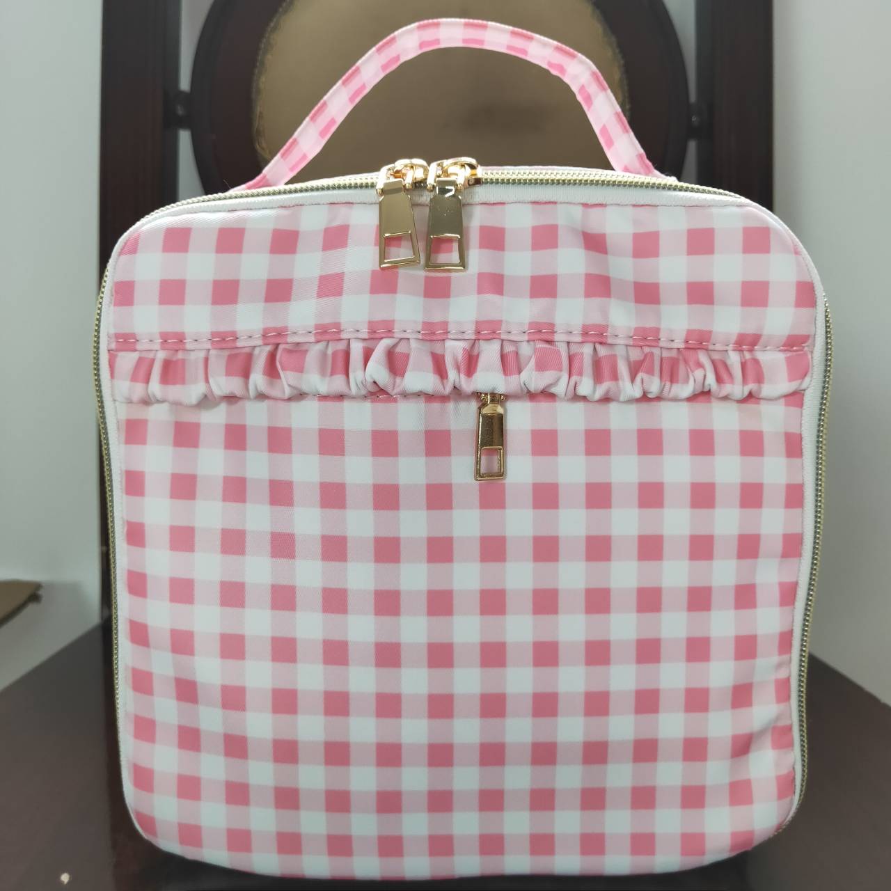 BA0088 Pink Plaid Print Lunchboxes Food Bag Bagpack