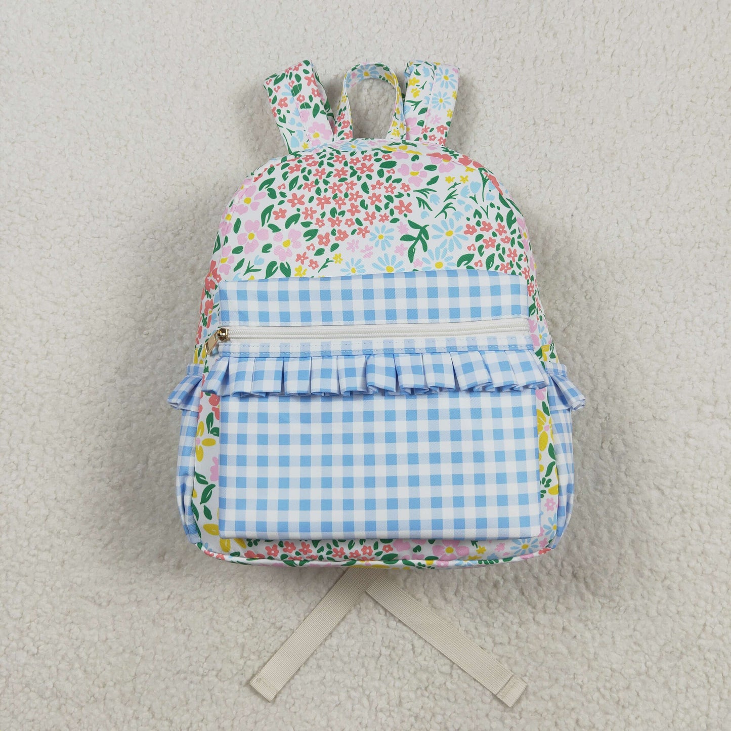 BA0097 flower leaf blue plaid backpack high quality kids school bag Free Shipping Over 2KG