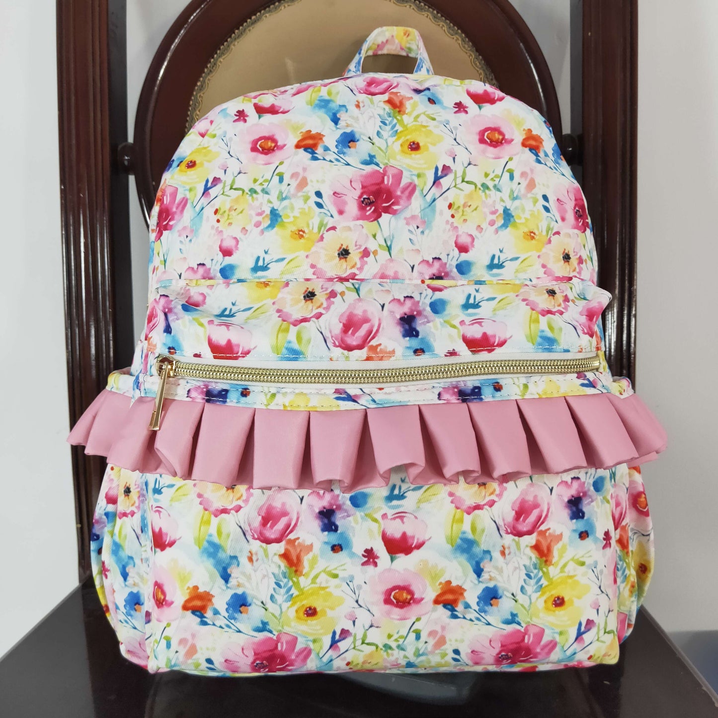 BA0174 Pink Ruffle Flower Backpack PU leather 5*13.5*17 inches bag 20240401 RTS