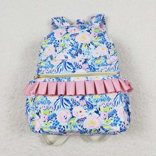 BA0175 Pink Ruffle Flower Blue Backpack PU leather 5*13.5*17 inches bag 20240401 RTS
