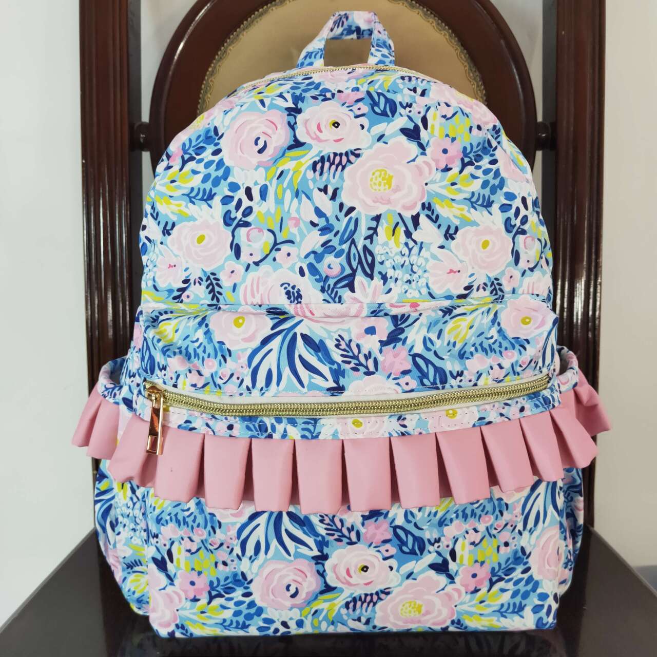 BA0175 Pink Ruffle Flower Blue Backpack PU leather 5*13.5*17 inches bag 20240401 RTS
