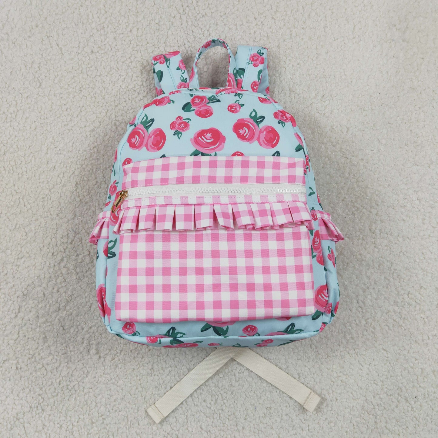 New BA0217 RTS Flower Pink Plaid Ruffle Blue Backpack