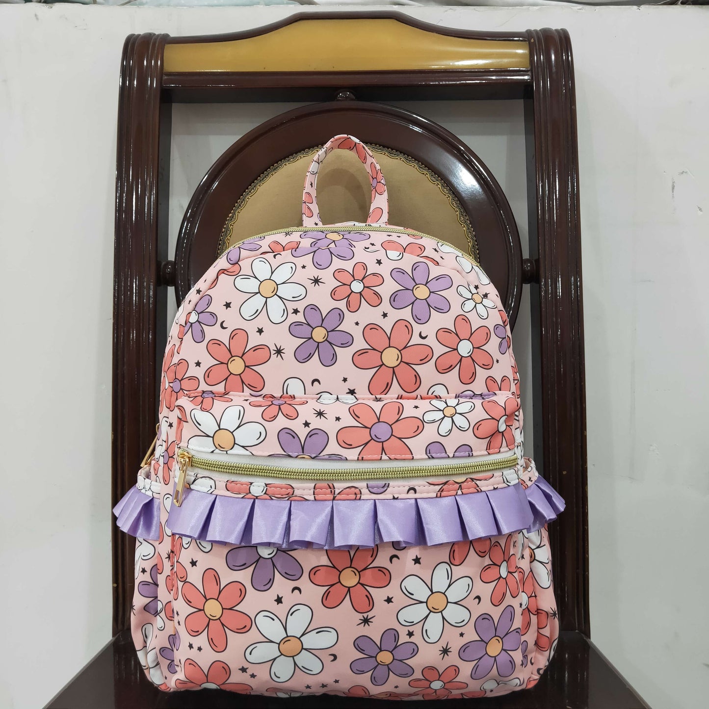 BA0240 Pink Purple Flower Ruffle Backpack western boutique PU leather 5*13.5*17 inches bag 202504 RTS