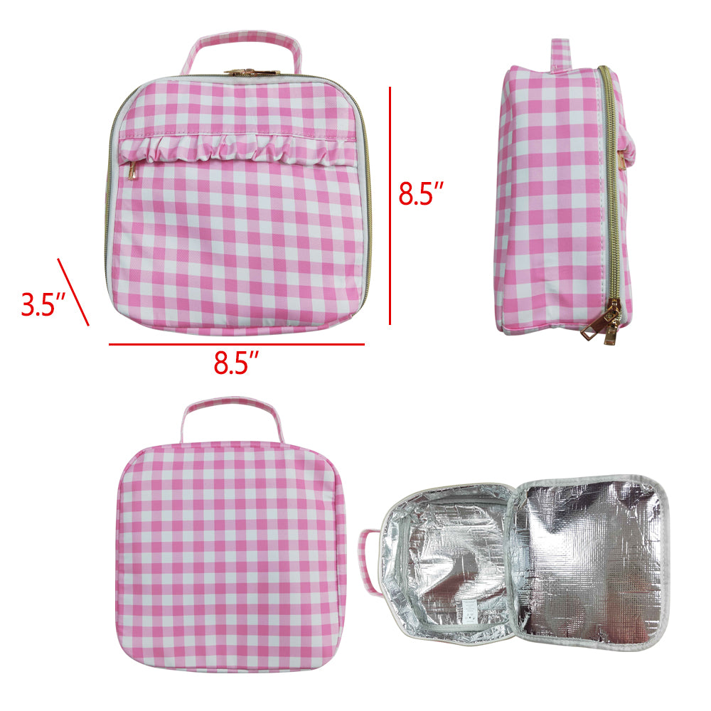 BA0283 Pink Plaid Ruffle Lunch boxes Food Bag 3.5*8.5*8.5 inches