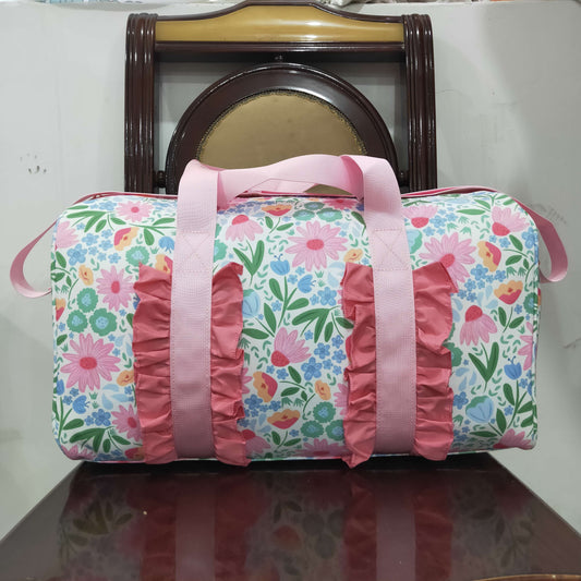 BA0290 Pink Green ruffle flower Boutique Travel or Gym Bag handbag 7.9*18.5*11.2 inches 202507 RTS