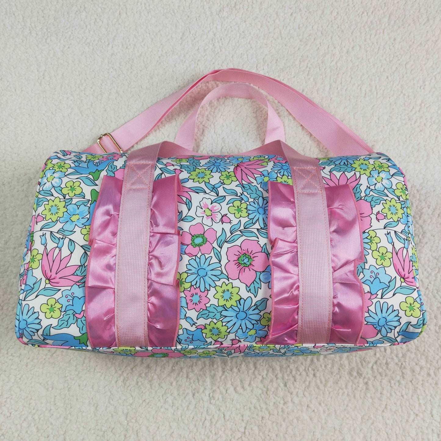 BA0291 Pink Blue ruffle flower Boutique Travel Bag handbag 7.9*18.5*11.2 inches RTS Free Shipping Over 2 KG