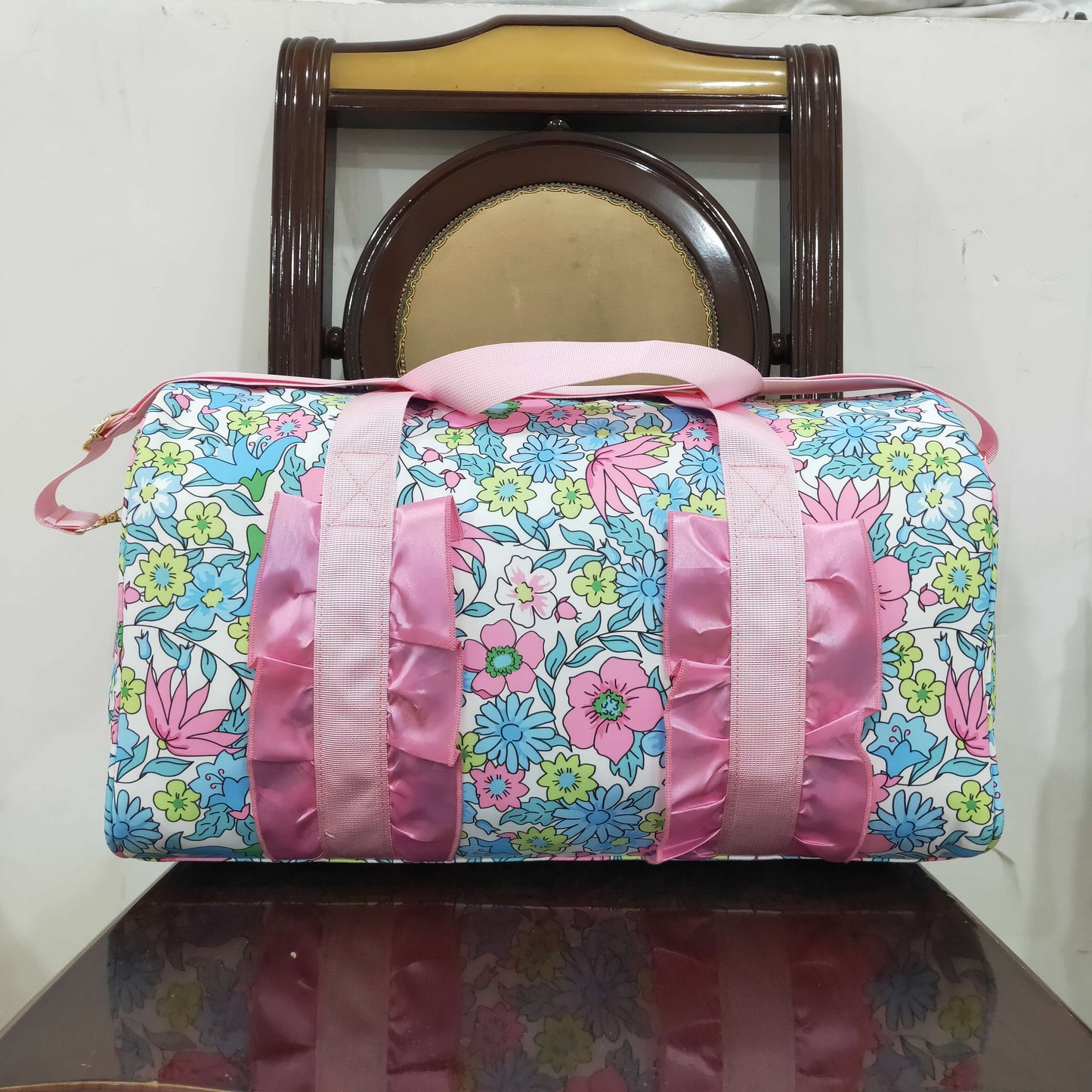 BA0291 Pink Blue ruffle flower Boutique Travel Bag handbag 7.9*18.5*11.2 inches RTS Free Shipping Over 2 KG