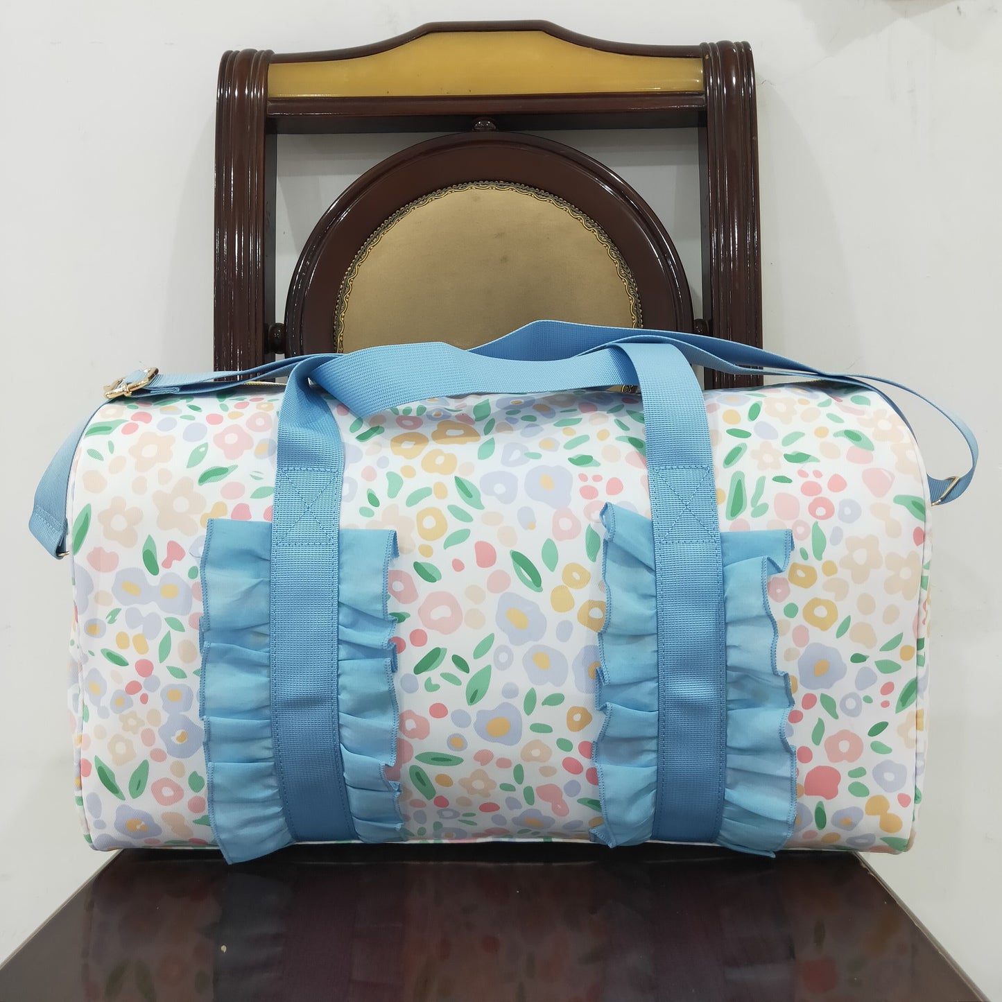 BA0292 Floral Blue ruffle Boutique Travel Bag handbag 7.9*18.5*11.2 inches 202504 RTS
