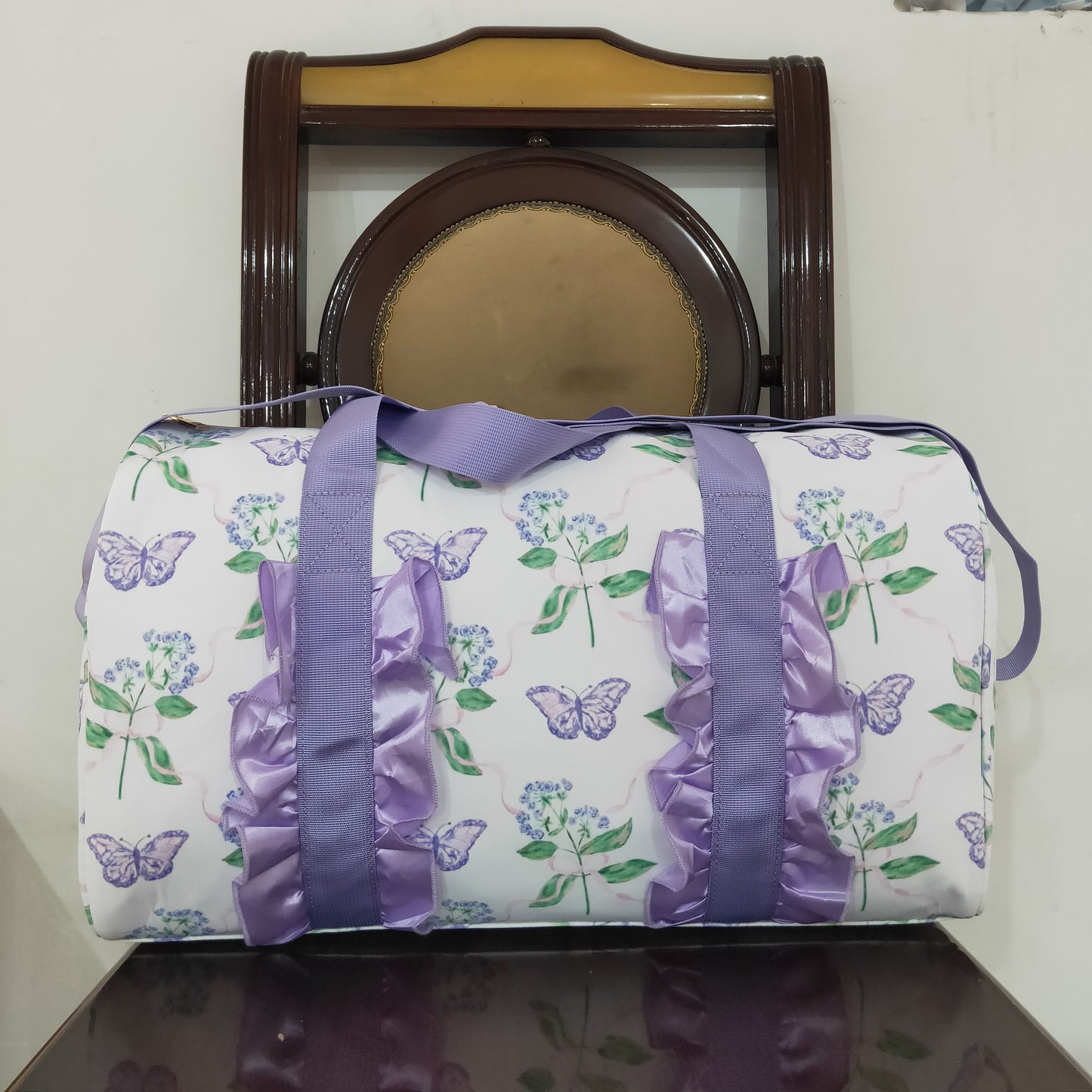BA0293 Purple green ruffle bows Boutique Travel Bag handbag 7.9*18.5*11.2 inches 202504 RTS