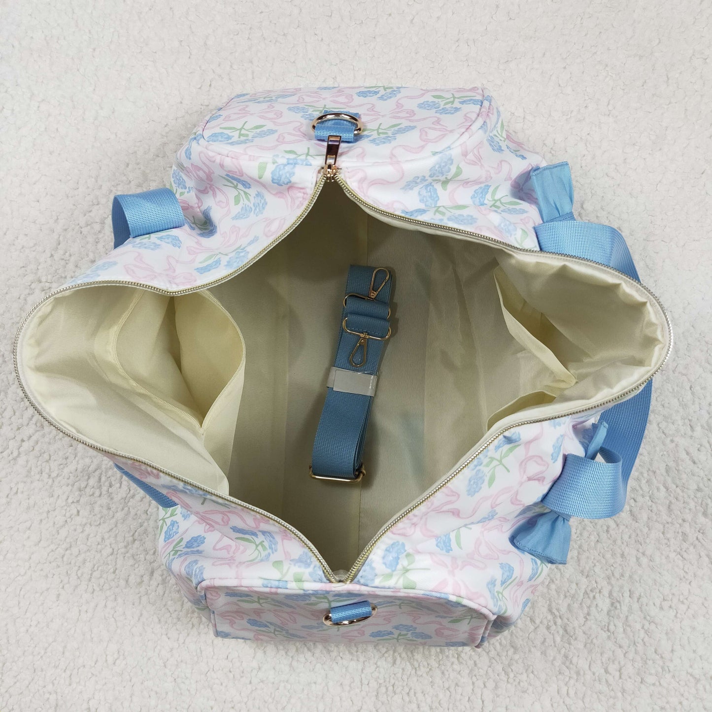 BA0294 Blue Pink ruffle bows flower Boutique Travel Bag handbag 7.9*18.5*11.2 inches 202504 RTS