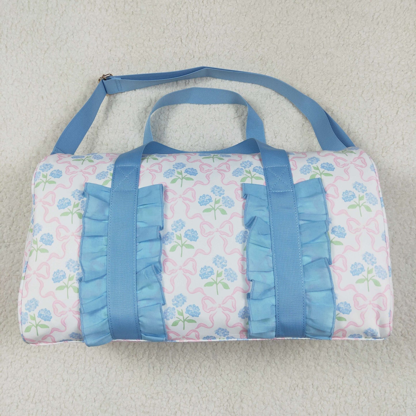 BA0294 Blue Pink ruffle bows flower Boutique Travel Bag handbag 7.9*18.5*11.2 inches 202504 RTS