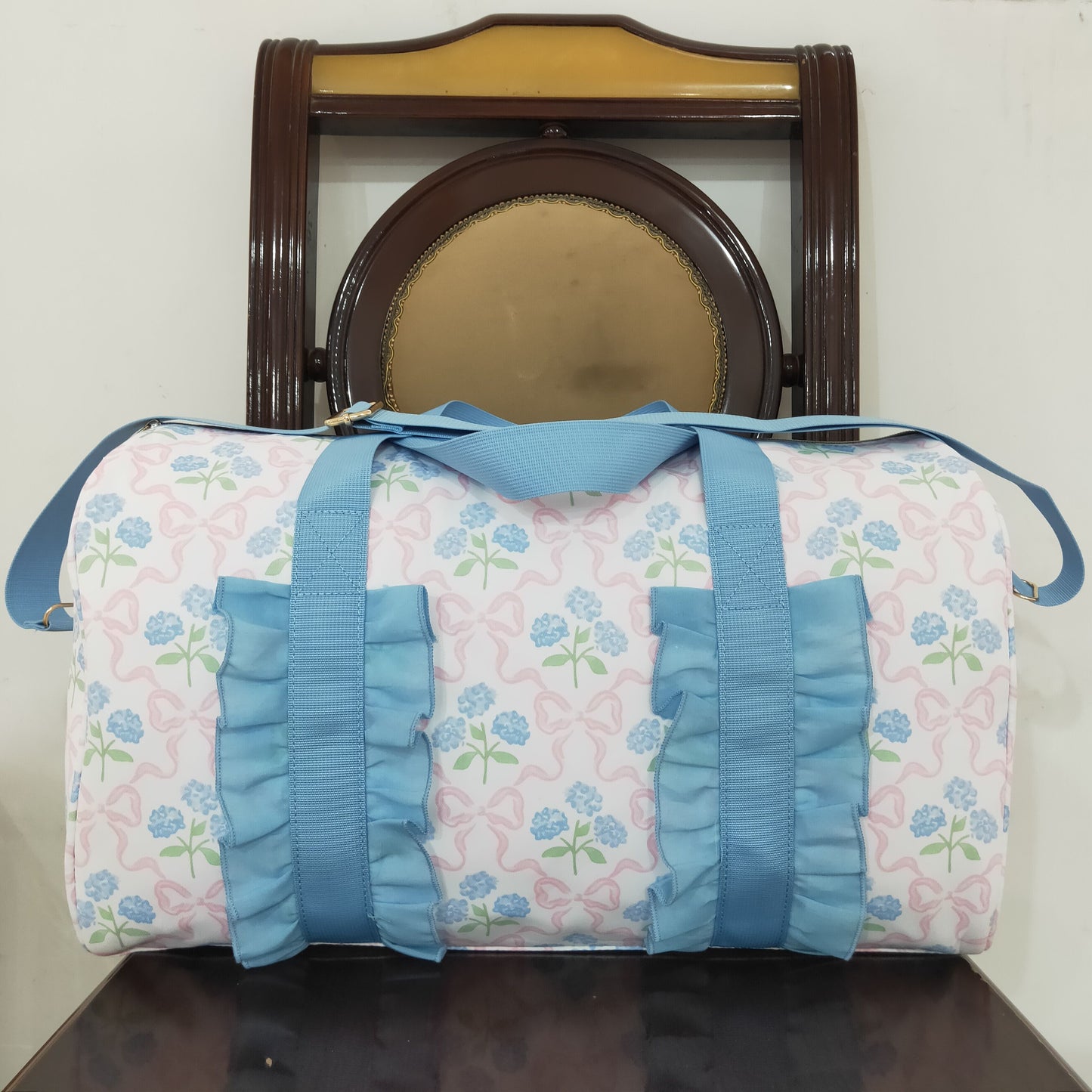 BA0294 Blue Pink ruffle bows flower Boutique Travel Bag handbag 7.9*18.5*11.2 inches 202504 RTS