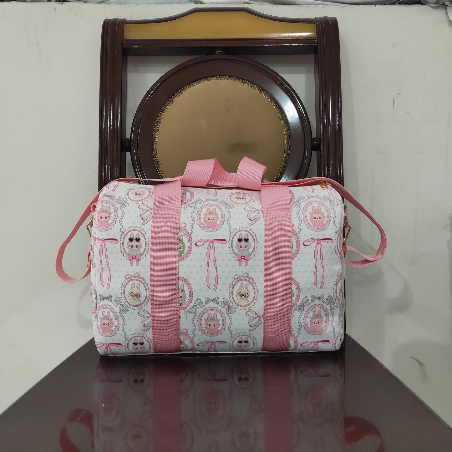 BA0301 Pink White Cartoon Mirror Gym Bag Boutique Travel Bag Handbag 7.9*18.5*11.2 inches 202504 RTS
