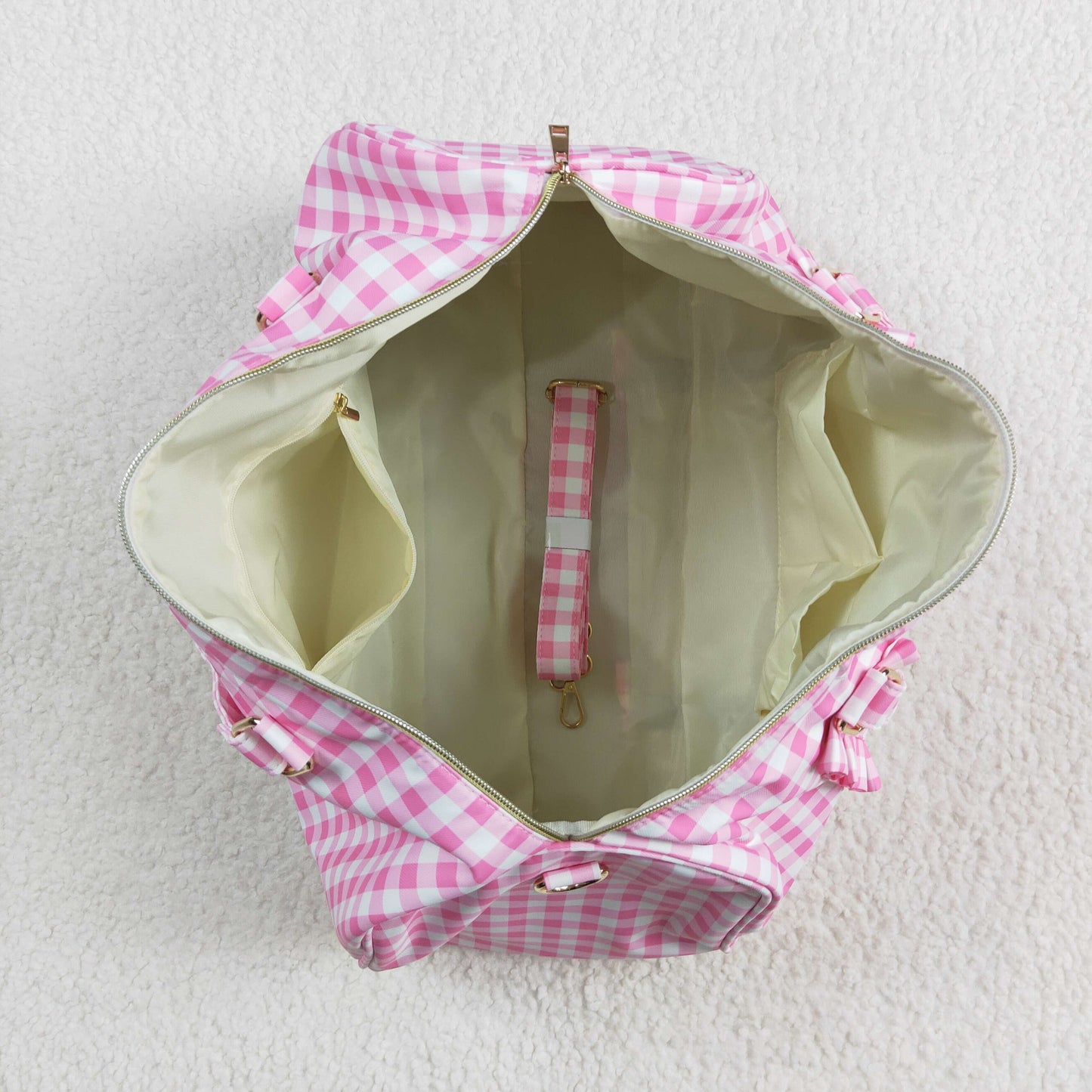 BA0302 Pink Ruffle Plaid Gym Bag Boutique Travel Bag Handbag 7.9*18.5*11.2 inches 202505 RTS