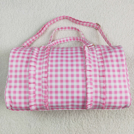 BA0302 Pink Ruffle Plaid Gym Bag Boutique Travel Bag Handbag 7.9*18.5*11.2 inches RTS Free Shipping Over $100