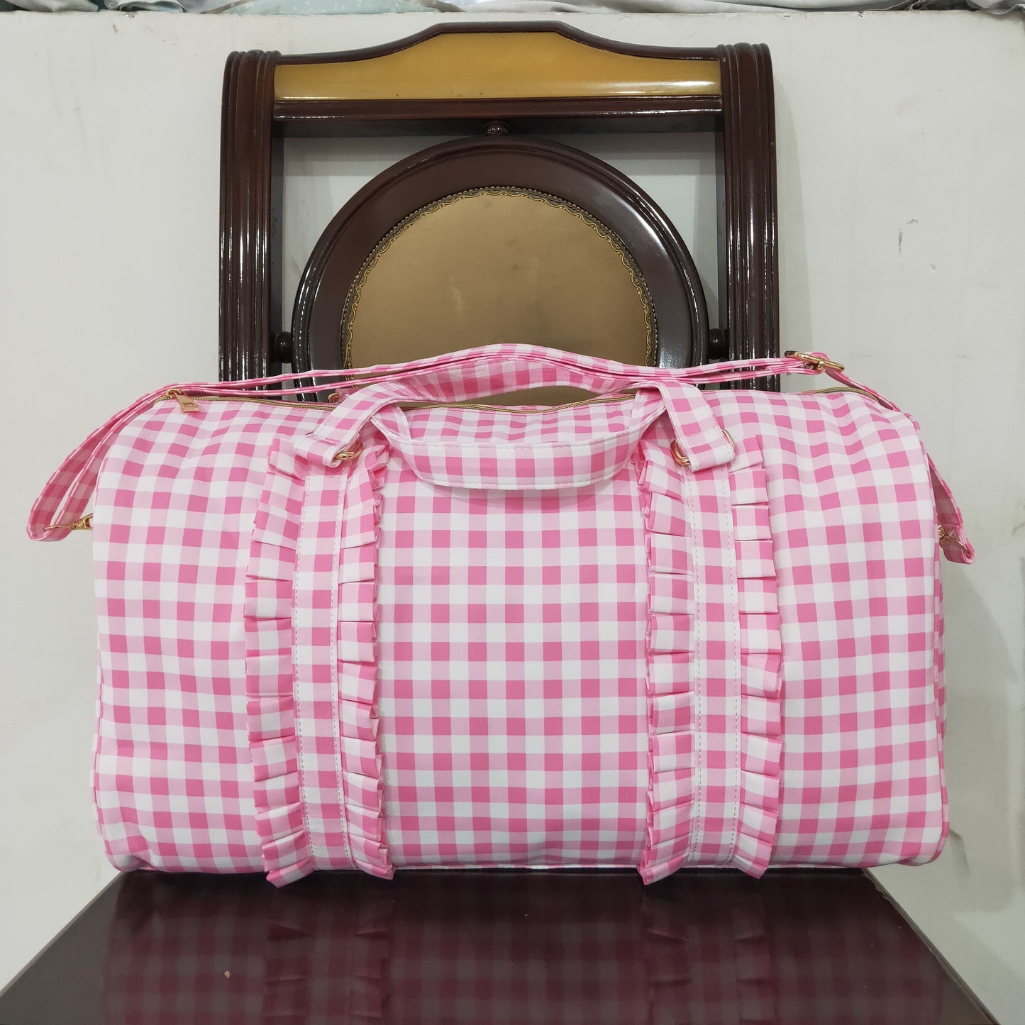 BA0302 Pink Ruffle Plaid Gym Bag Boutique Travel Bag Handbag 7.9*18.5*11.2 inches 202505 RTS