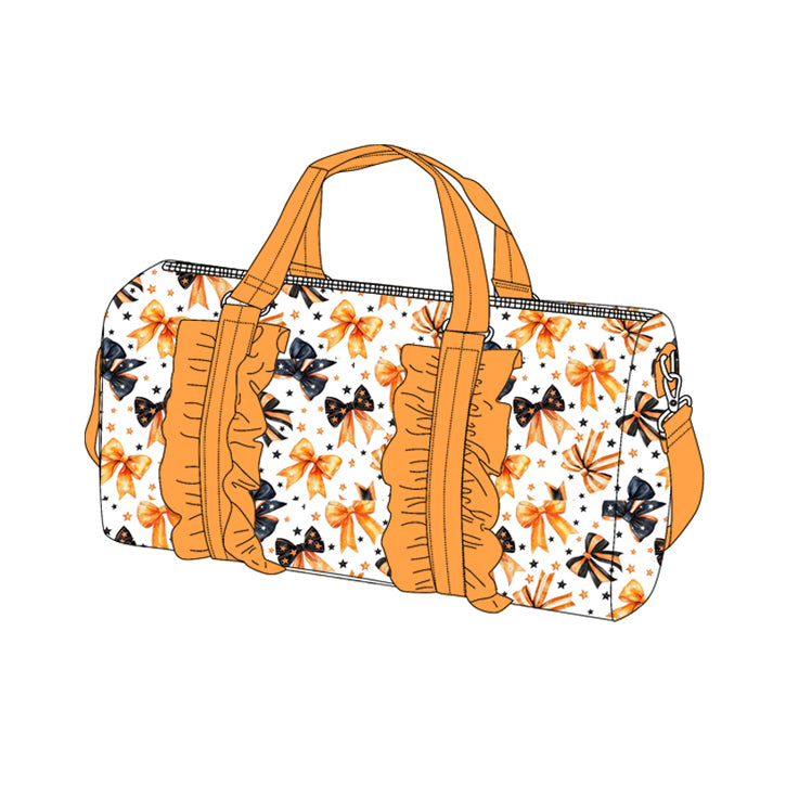 Preorder BA0314 Halloween Bow Stars Orange Ruffle Gym Bag Boutique Travel Bag Handbag 7.9*18.5*11.2 inches 202505