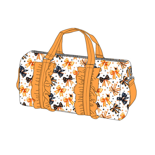Preorder BA0314 Halloween Bow Stars Orange Ruffle Gym Bag Boutique Travel Bag Handbag 7.9*18.5*11.2 inches 202505