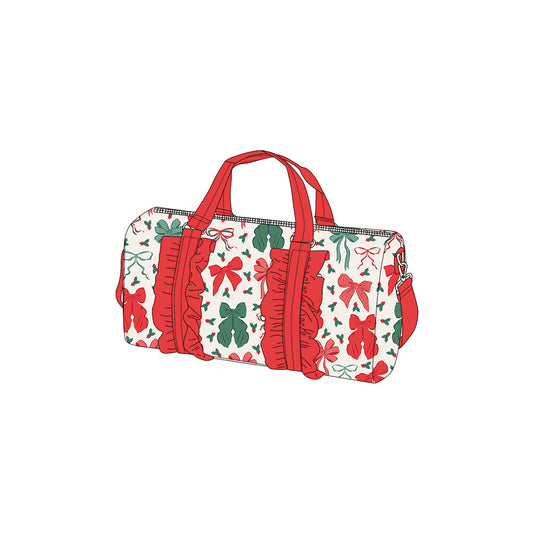 Preorder BA0315 Christmas Red Green Bows Ruffle Gym Bag Boutique Travel Bag Handbag 7.9*18.5*11.2 inches 202505