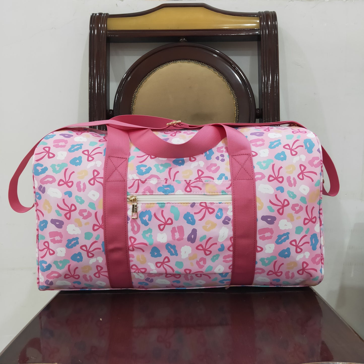 BA0320 Colored Bows Pink Ruffle Gym Bag Boutique Travel Handbag 7.9*18.5*11.2 inches 202508 RTS