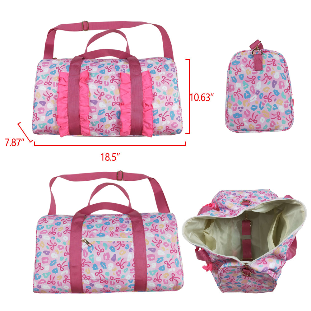 BA0320 Colored Bows Pink Ruffle Gym Bag Boutique Travel Handbag 7.9*18.5*11.2 inches 202508 RTS