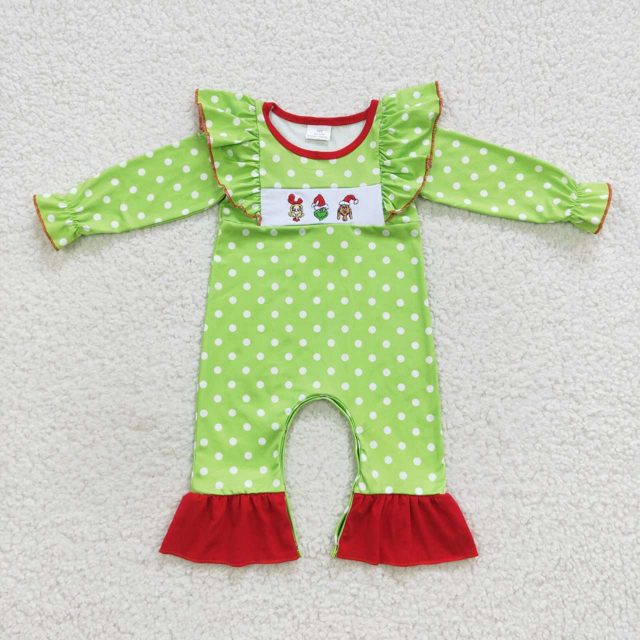 LR0387 Christmas Red Green Cartoon Embroidery Girls Long Sleeve Romper
