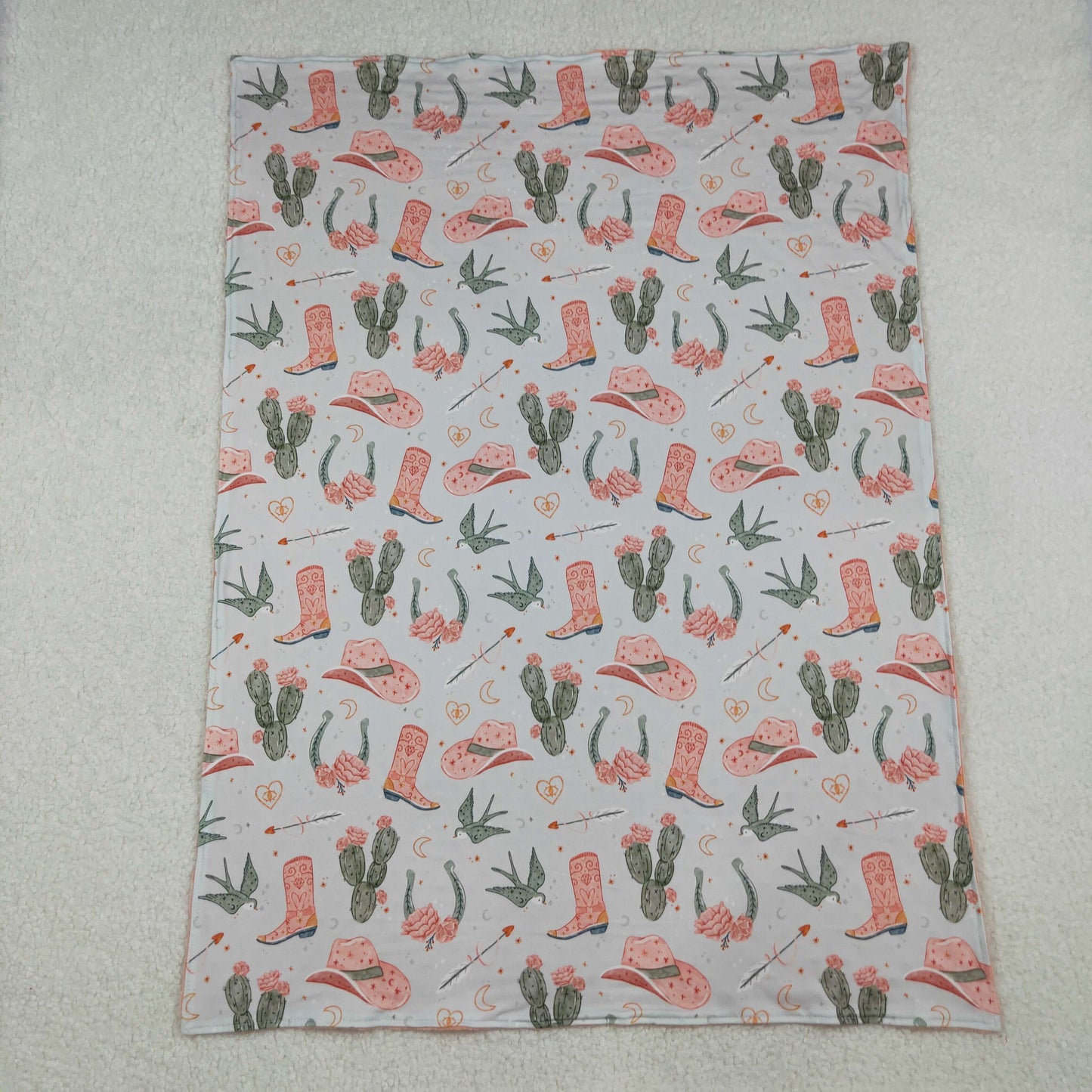 BL0177 Cactus Cowboy Hat Boots Pink Green Baby Blanket 29-43 inches 202510 RTS