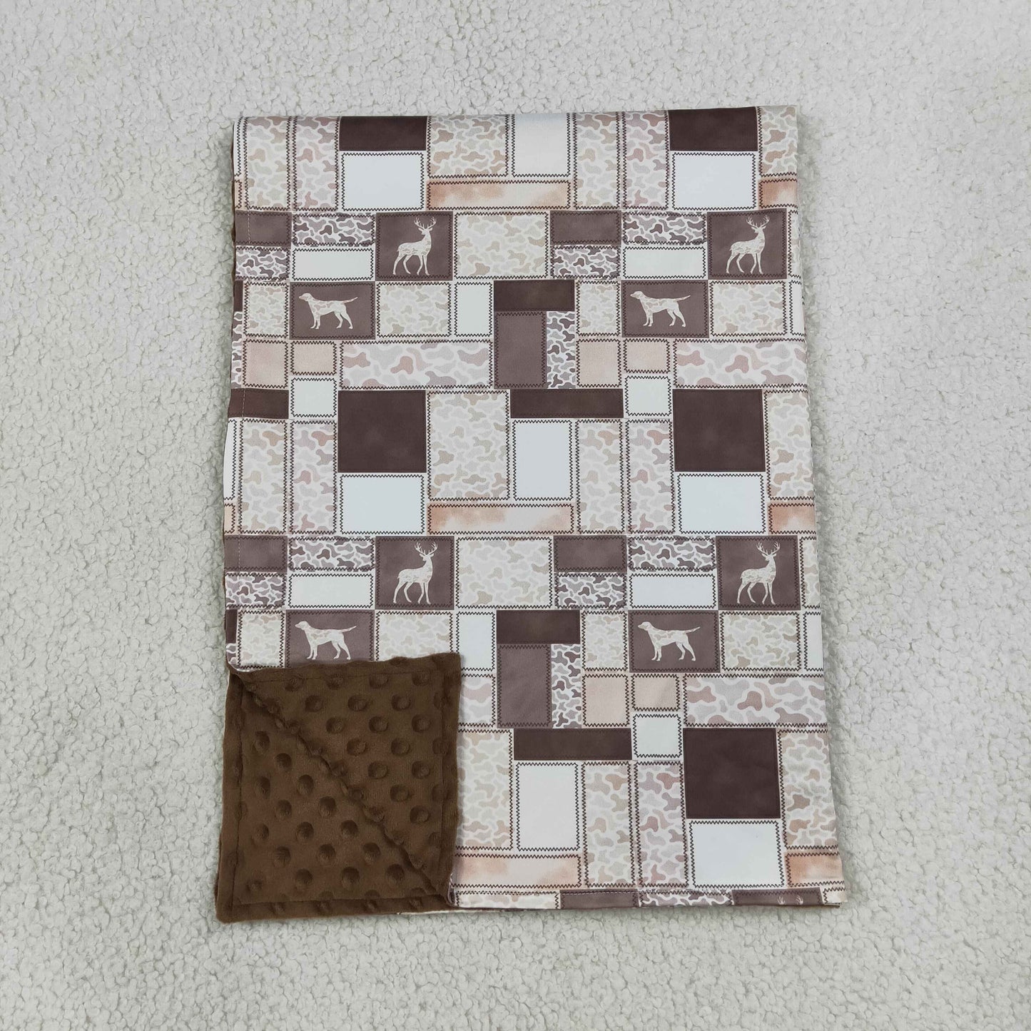 BL0249 Puppy Deer Hunting Plaid Brown Baby Blanket 29-43 inches 202607 RTS