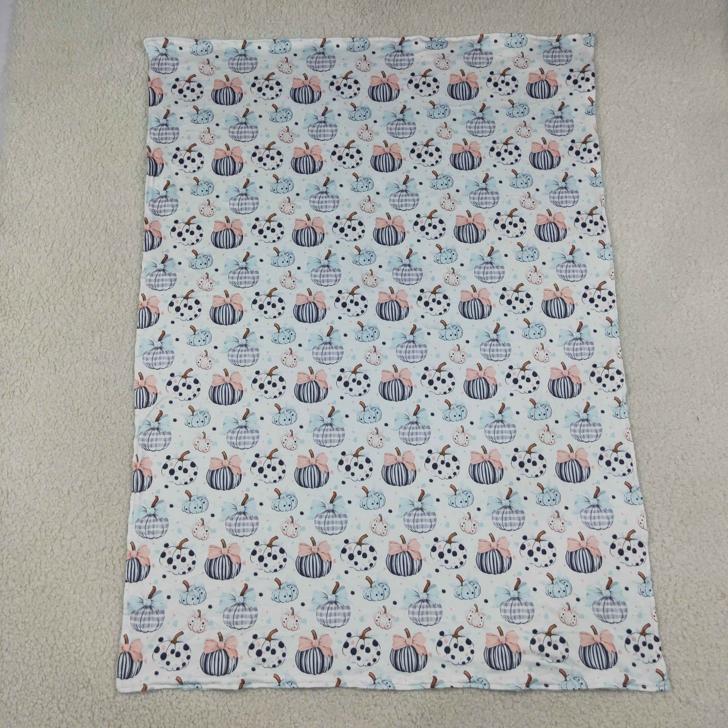 BL0253 Pumpkin Dots Bows Light Blue Baby Blanket 29-43 inches 202608 RTS