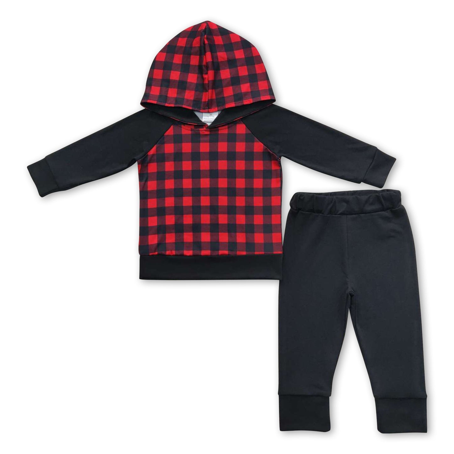 Promotion RTS BLP0224 Red Plaid Hooded Boys Long Sleeve Black Pants Outfits